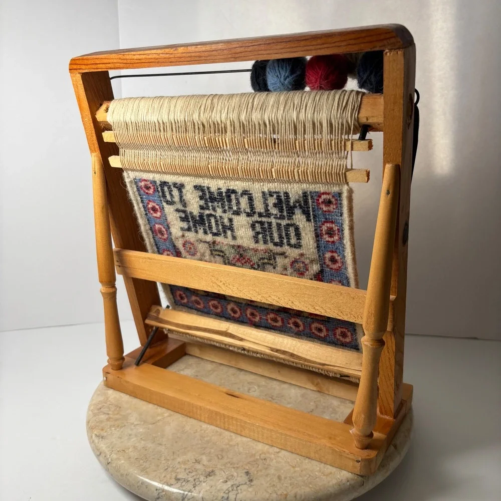Miniature Welcome to Our Home‎ Tapestry Rug on Wooden Loom Display